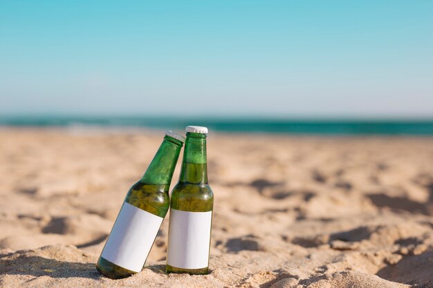 Two bottles of beer on sandy beach