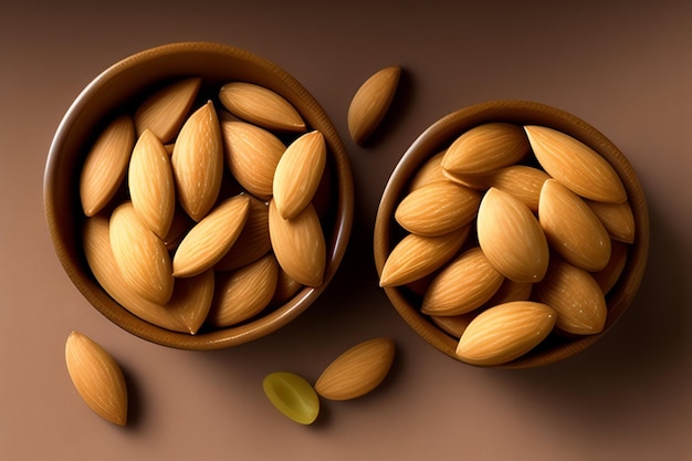 Free photo two bowls of almonds on a brown background