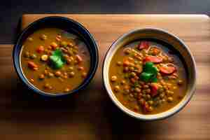 Free photo two bowls of lentils on a wooden table