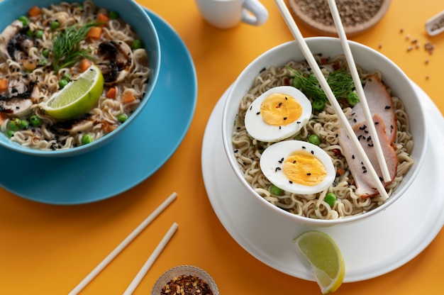 Two bowls of ramen with two slices of lemon and chopsticks