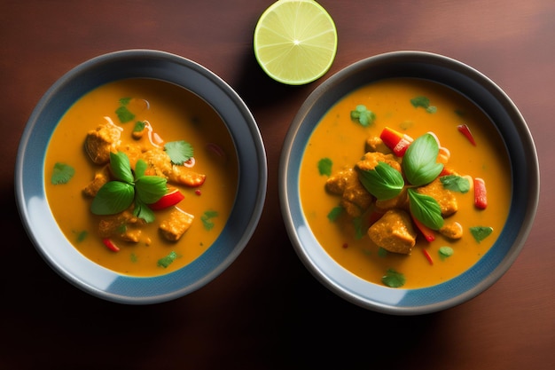 Two bowls of thai red curry with a lime on the side