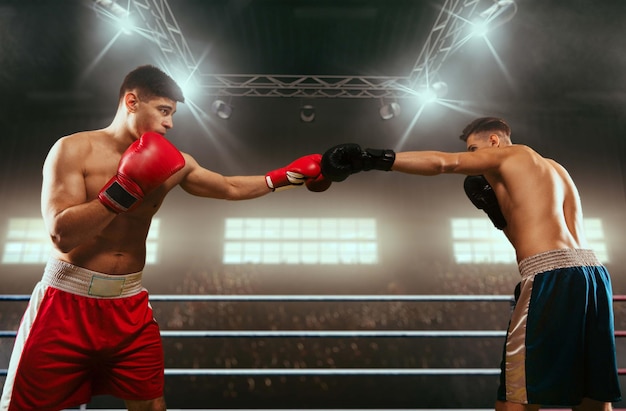 Two boxers are fighting on professional boxing ring