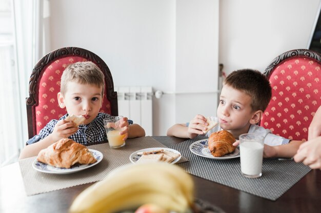 Two boys having breakfast at morning