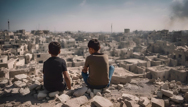 Foto gratuita due ragazzi seduti a terra e guardando la vista della città