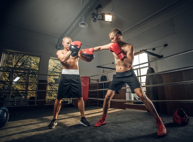 Два жестоких спортивных боксера спаррингуются на боксерском ринге в темном спортзале.