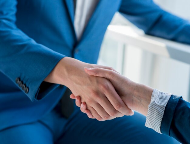 Two business partners shaking hands in office