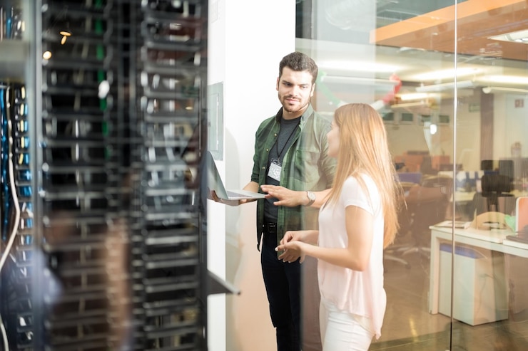 Free Photo two business people standing in server room with laptop and discussing