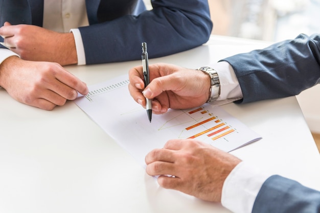 Two businessman analyzing the business report on white desk