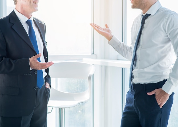 Two businessmen gesturing while having conversation in office