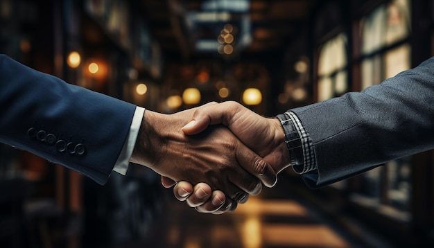 人工知能によって生成された成功したビジネス契約で握手する 2 人のビジネスマン