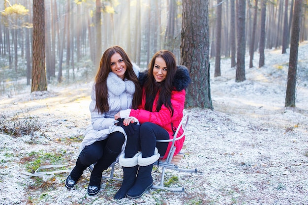 Два веселых друга будут сидеть на стульях в лесу зимой