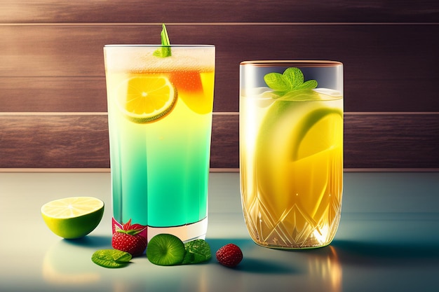 Два коктейля с зеленым листом и стакан лимонада.