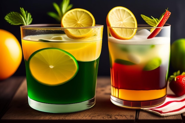 Two cocktails with green, yellow, and red colors sit on a wooden table.