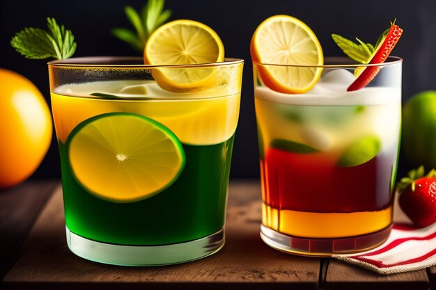 Два коктейля зеленого, желтого и красного цветов стоят на деревянном столе.