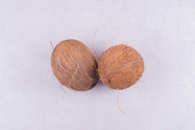 Two coconuts isolated on white surface.