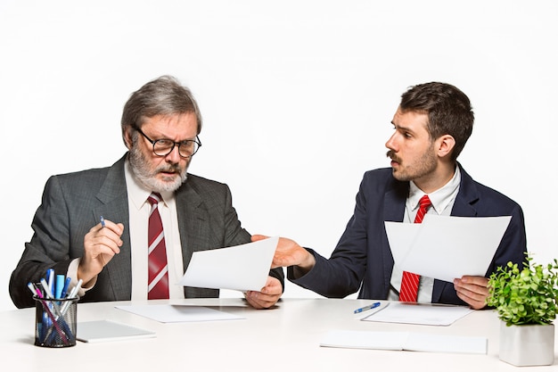 two colleagues working together at office on white