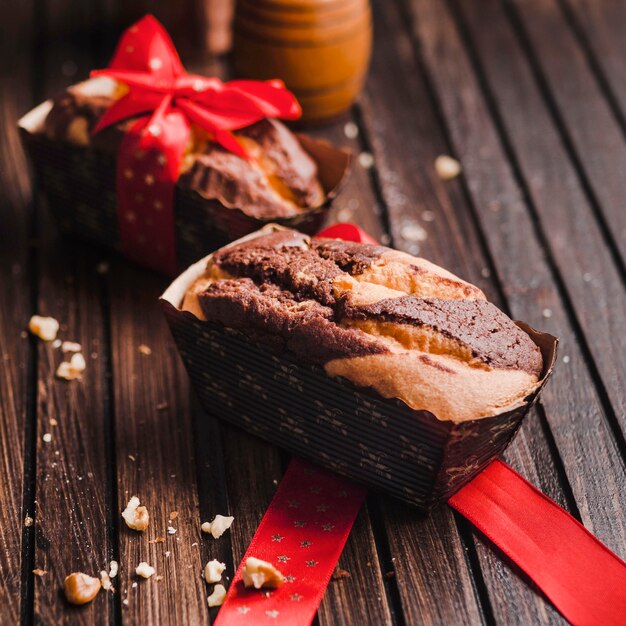 Two colors small brownies on wooden table