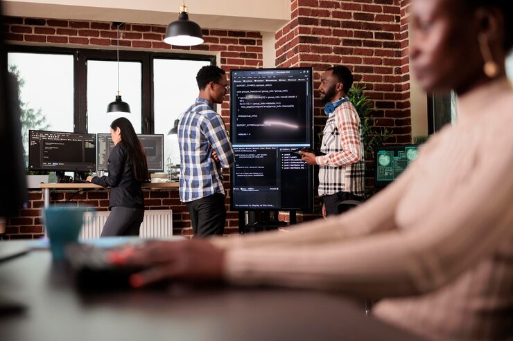 Free Photo two of company programming engineers analyzing html code standing in front of big screen, checking errors in artificial intelligence project. programmers working on machine learning software