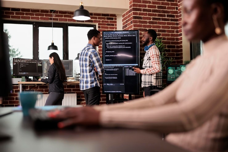 Free Photo two of company programming engineers analyzing html code standing in front of big screen, checking errors in artificial intelligence project. programmers working on machine learning software