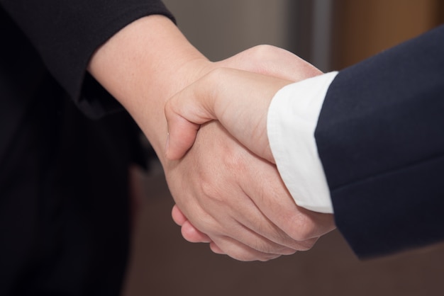 Two confident Businessman and businesswoman shaking hands