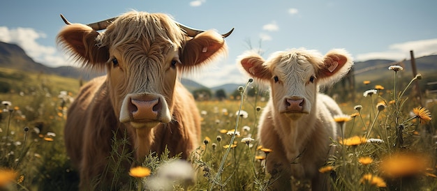 Foto gratuita due mucche in un prato con margherite e cielo blu
