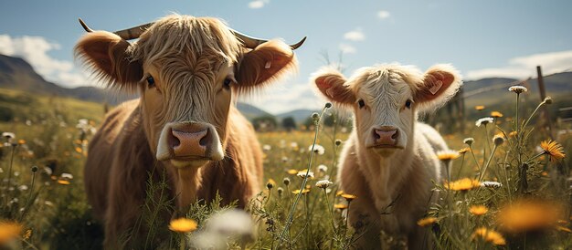 ヒナギクと青い空のある牧草地にいる 2 頭の牛