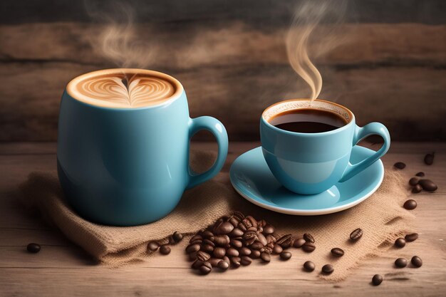 Two cups of coffee and a plate of coffee on a table with beans