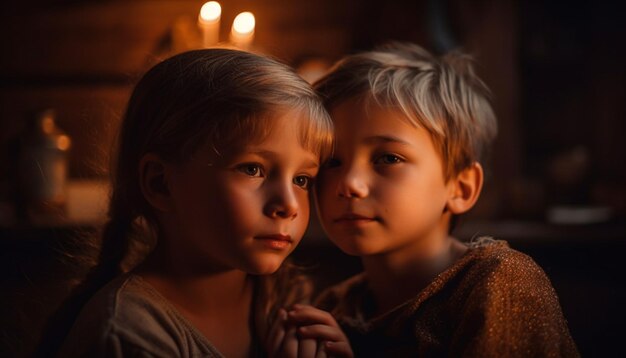 Two cute Caucasian boys smiling indoors with family generated by AI