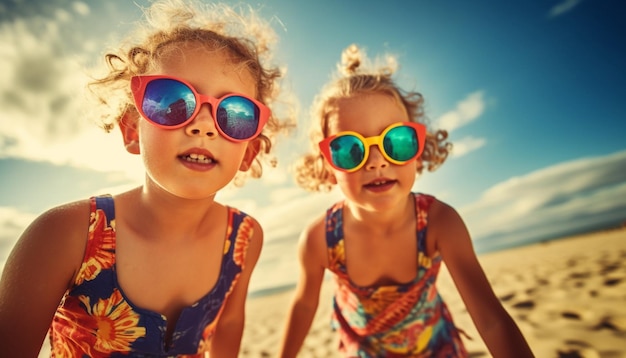 Two cute girls playing in the sand generated by AI