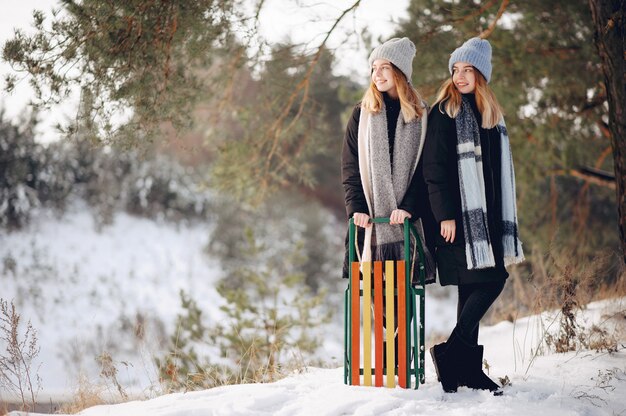 Two cute girls in a winter park