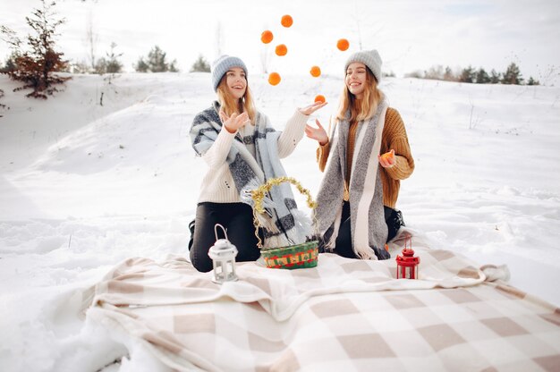 Две милые девушки в зимнем парке