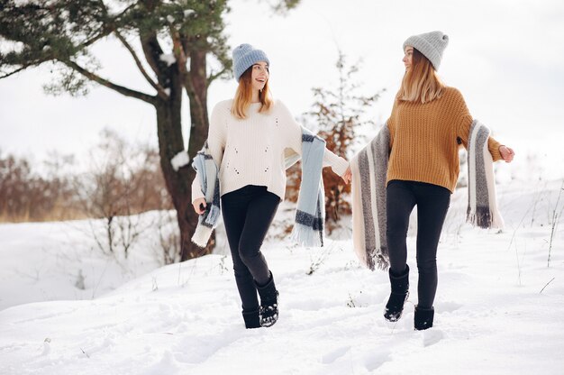 Two cute girls in a winter park
