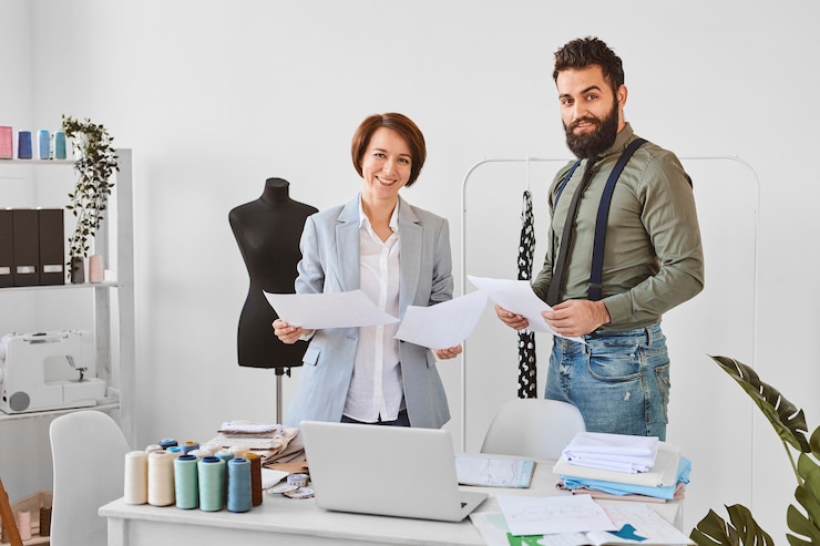 Free Photo two fashion designers posing in atelier with clothing line plans