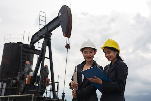 Free photo two female engineers stand beside working oil pumps with a white sky .