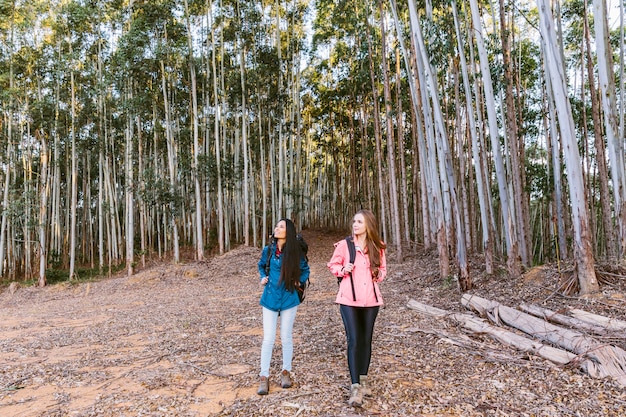 Two female friends hiking in front of tall trees