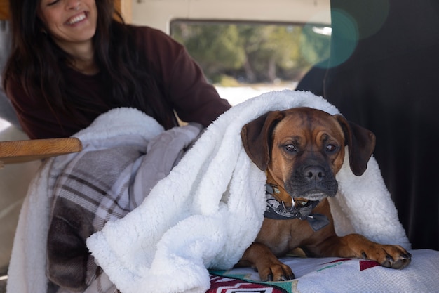 Two female lovers spending time with their boxer&in a
camper van during winter trip