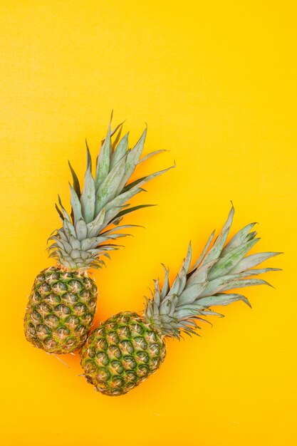 Two fleshy pineapples on yellow, top view.
