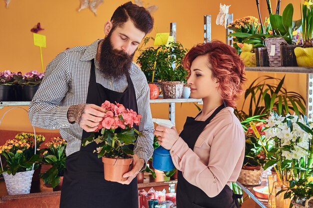Two florists, beautiful redhead female and bearded male wearing uniforms working in flower shop.