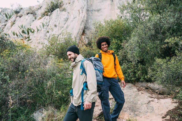 Two friends hiking together