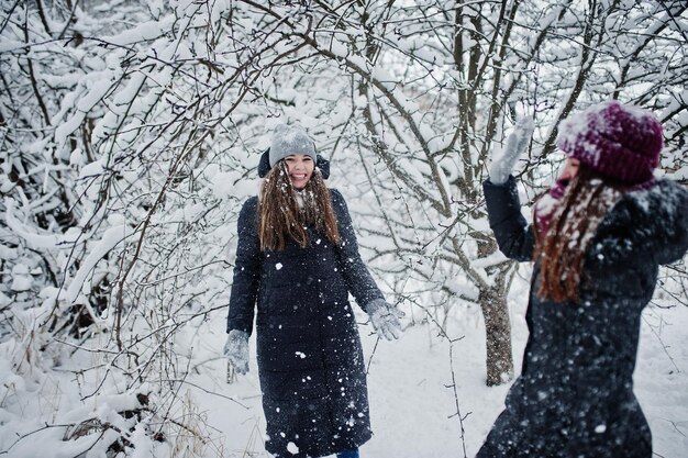 두 명의 재미있는 여자 친구가 눈 덮인 나무 근처에서 겨울 눈 덮인 날 즐겁게 놀고 있다