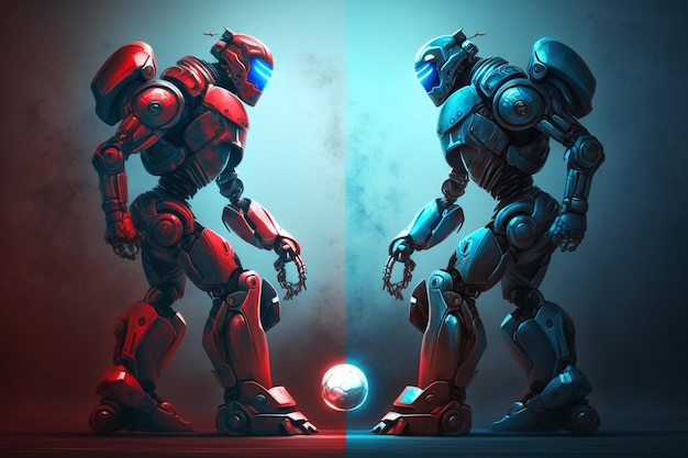 Two futuristic robots before match in blue and red color generative ai