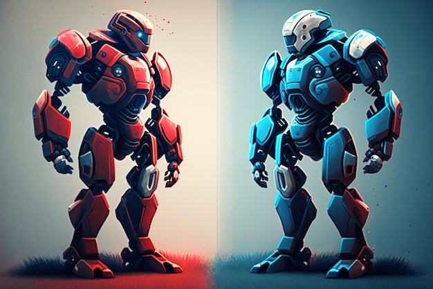 Two futuristic robots before match in blue and red color generative ai