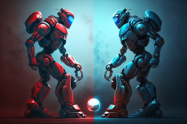 Бесплатное фото Два футуристических робота перед матчем синего и красного цвета генеративный ии