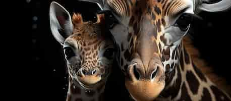 Free photo two giraffes on a black background the concept of love and affection