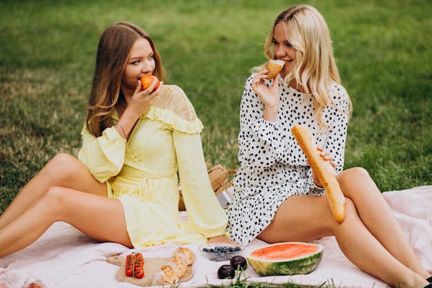 Two girls friends having picnic in park