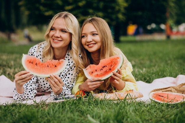 Two girls friends having picnic in park