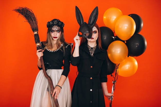 Two girls in halloween costumes