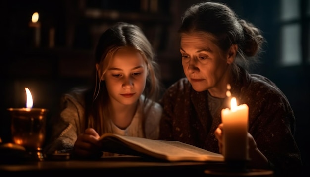 Two girls reading the Bible by candlelight generated by AI