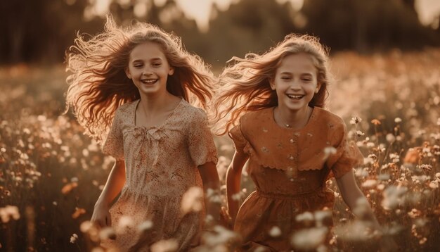 Две девушки бегут по лугу беззаботно и счастливо, созданное искусственным интеллектом
