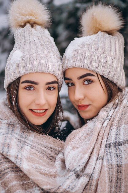 Two girls twins together in winter park